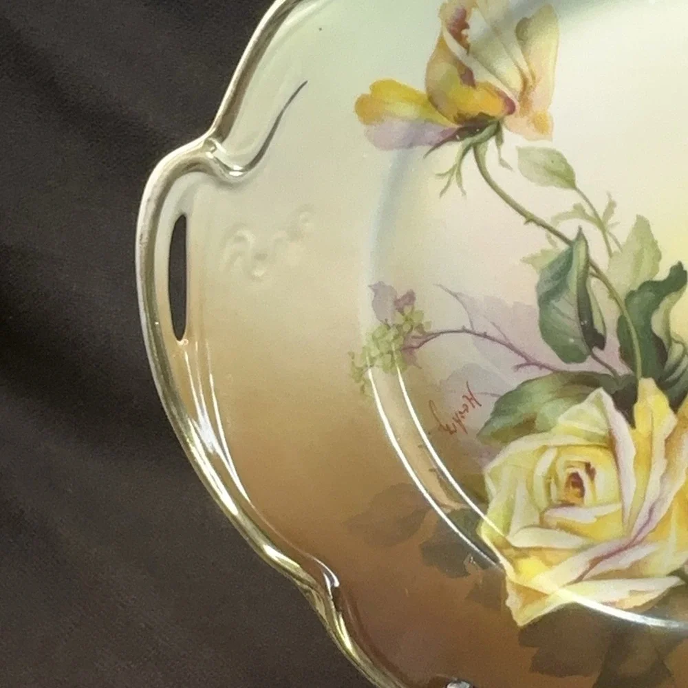Antique‎ J&G Louise Bavaria Hand Painted Yellow Roses Cake Plate Signed Handled